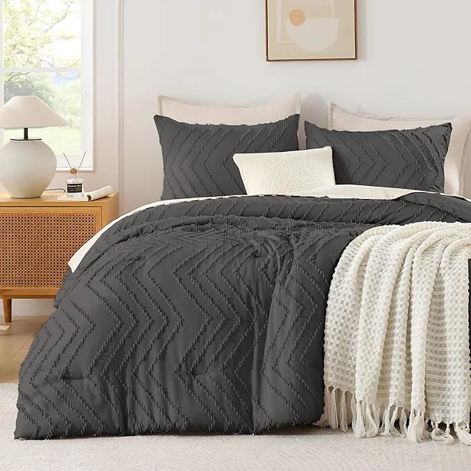 Lightweight Andency Dark Grey Oversized King Comforter Set 120×98 Boho Oversize King Soft Warm Tufted Bedding Comforter Sets 3 Pieces Aesthetic Chevron Farmhouse Cute Bohemian Textured Bedding Set Exclusive