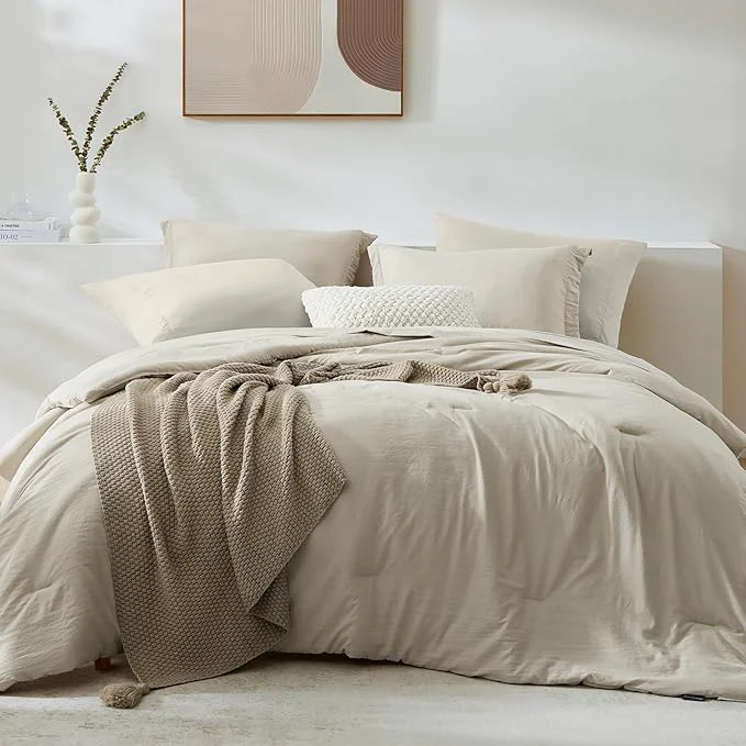 Verified WRENSONGE Light Oatmeal Super King Plus Comforter Set 7 Pieces Soft Microfiber Comforters with Fitted Sheet Flat Sheet 2 Pillow Shams and 2 Pillowcases- Warm Bedding Sets for All Season Elite