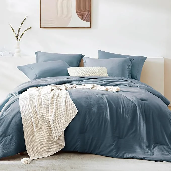 Modern WRENSONGE Queen Comforter Set- 7 Pieces Soft Oxford Blue Bed in a Bag with Fitted Sheet Flat Sheet 2 Pillow Shams and 2 Pillowcases- Warm Bedding Sets Queen for All Season Carefully Designed