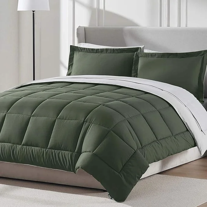 Fine Crafted Nestl 7 Piece California King Comforter Set – Olive Green Reversible Bed in a Bag – Complete Cal King Size Bedding Set with Sheets Pillowcases and Shams Fast