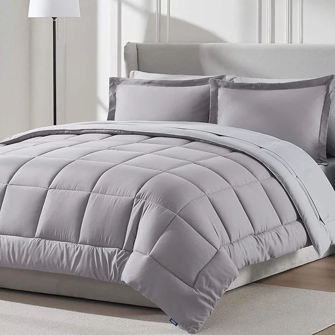 Green Nestl 7 Piece Full Comforter Set – Grey Lavender Reversible Bed in a Bag – Complete Full Size Bedding Set with Sheets Pillowcases and Shams Crafted