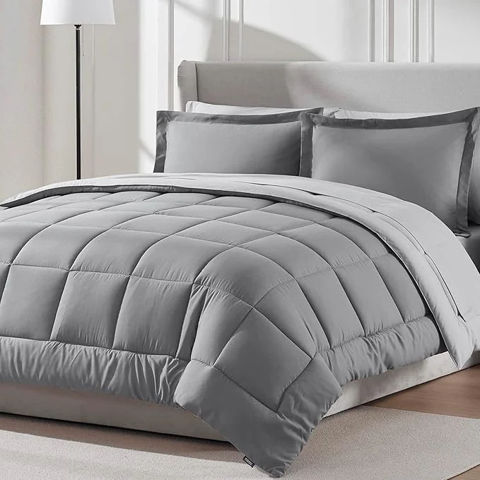Clean Nestl 7 Piece King Comforter Set – Grey Reversible Bed in a Bag – Complete King Size Bedding Set with Sheets Pillowcases and Shams Superior