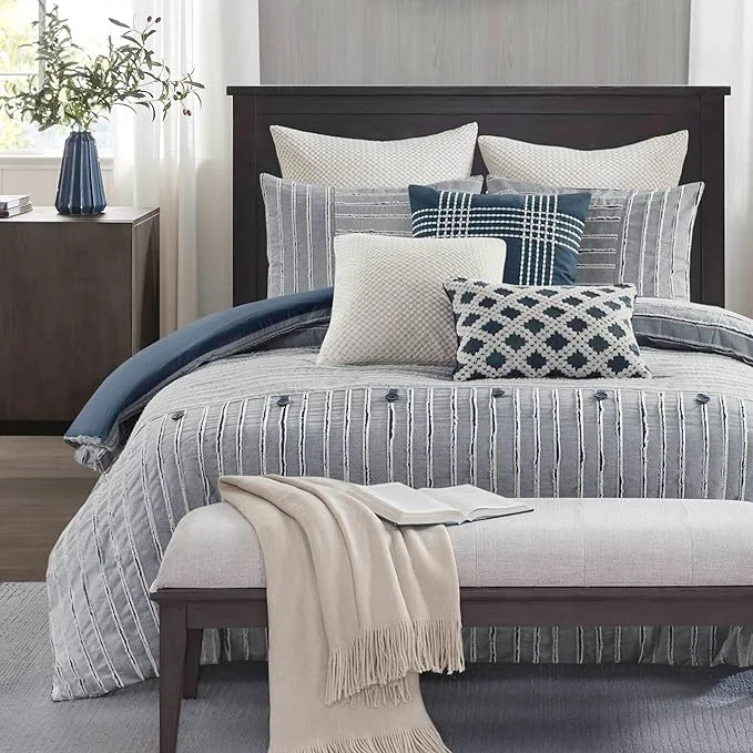 Solid Madison Park Comforter Cotton Clipped Jacquard Oversized Comforters King Size Bed All Season Down Overfilled King Size Comforter Essence King Cal King Blue 9 Piece Relaxed