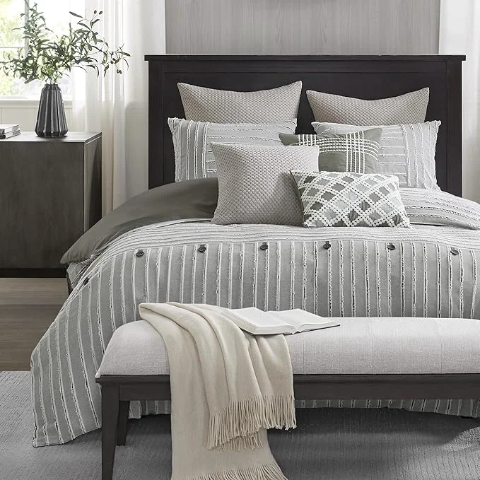 Sustainable Madison Park King Comforter Set Removable Cotton Duvet Cover King Size with Insert Farmhouse Bedding Textured Stripe Clipped Jacquard Accent King Grey 9 Piece Green