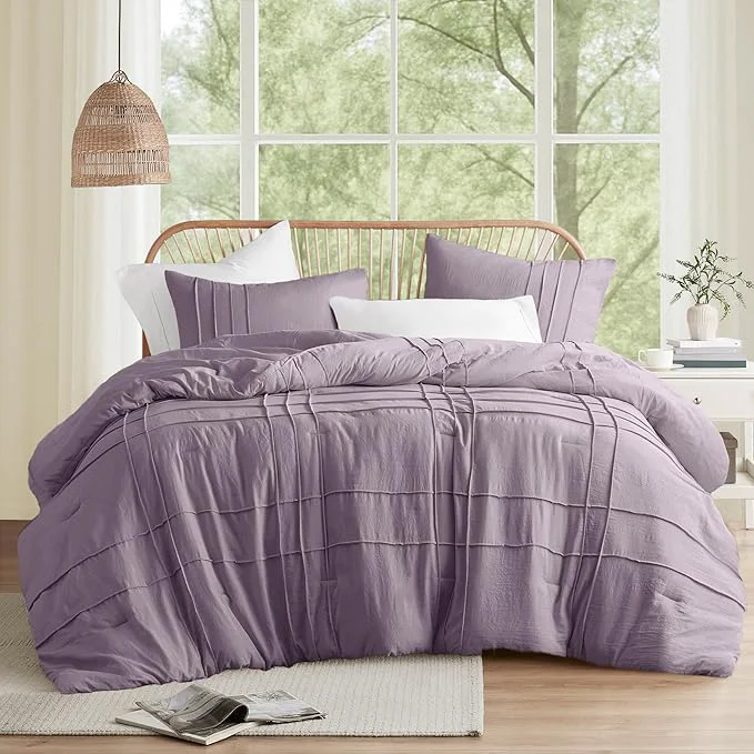 Reliable Comfort Spaces Purple Full Size Comforter Set – 3 Pieces Pintuck Pleated Bedding Sets All Season Lightweight Extra Softness Pre-Washed Microfiber Full Bed Set Shams Full Genuine
