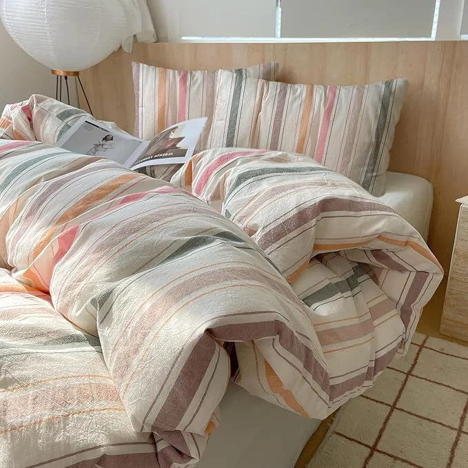 Exceptional VM VOUGEMARKET Multicolor Striped Comforter Set Twin XL Vertical Stripes Bedding Comforter with 2 Pillowcases Washed Cotton Modern Cozy Lightweight for Teens Students Orange Pink Green Coffee Versatile