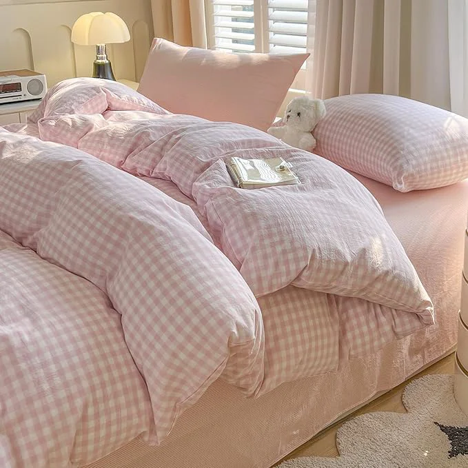 Fine Crafted VM VOUGEMARKET Pink Gingham Comforter Set Full Pink White Plaid Checked Bedding Comforter with 2 Pillowcases Washed Cotton Modern Cozy Lightweight for Studengts Girls Genuine