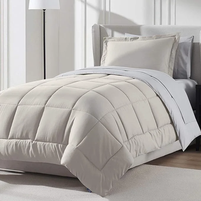 Natural Nestl 5 Piece Twin Comforter Set – Beige Reversible Bed in a Bag – Complete Twin Size Bedding Set with Sheets Pillowcase and Sham Superior