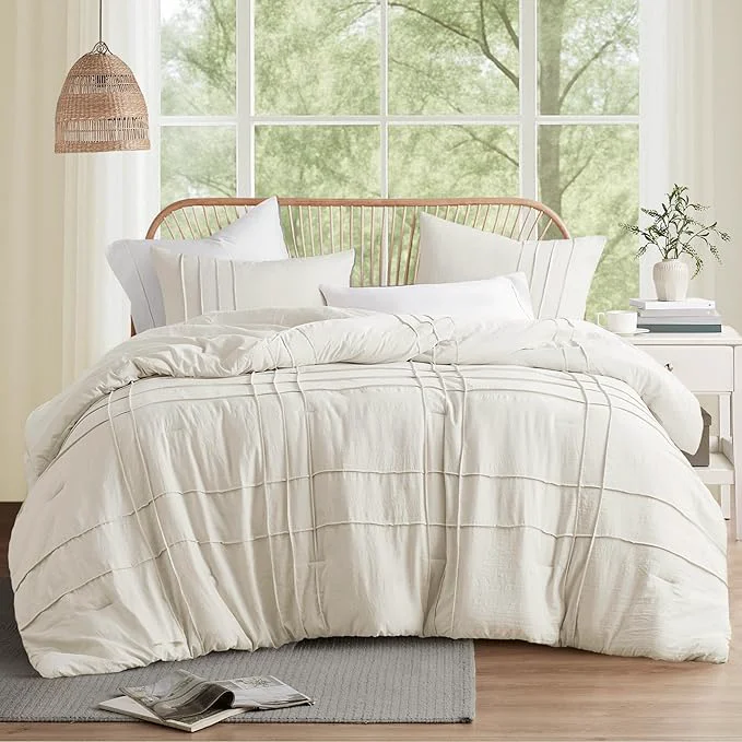 Elegant Comfort Spaces Cream Twin Size Comforter Set – 2 Pieces Pintuck Pleated Bedding Sets All Season Lightweight Extra Softness Pre-Washed Microfiber Bed Set Shams Twin Twin XL Prestigious