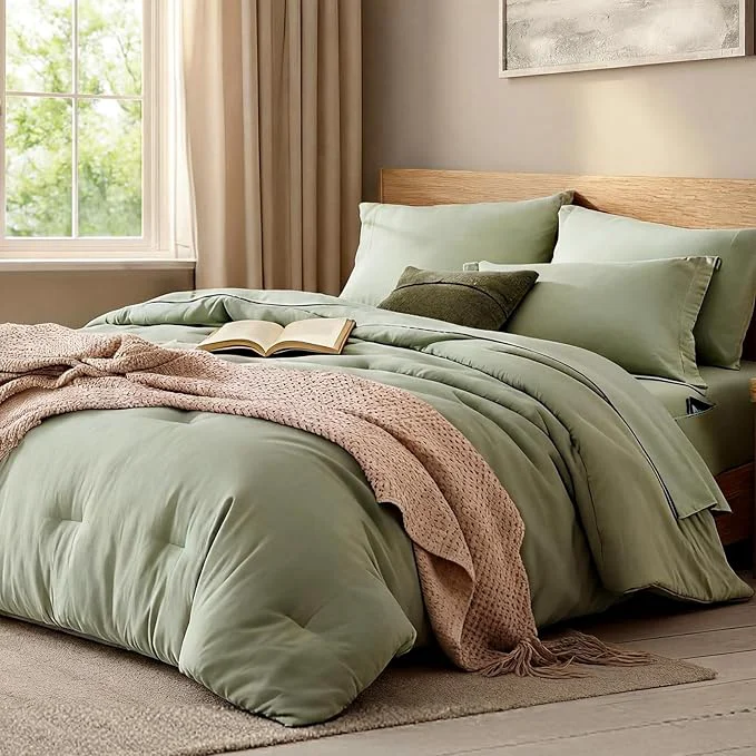 Enhanced WRENSONGE King Size Comforter Set- 7 Pieces Soft Sage Green Bed in a Bag King with Fitted Sheet Flat Sheet 2 Pillow Shams and 2 Pillowcases- Warm Bed Set for All Season Superior