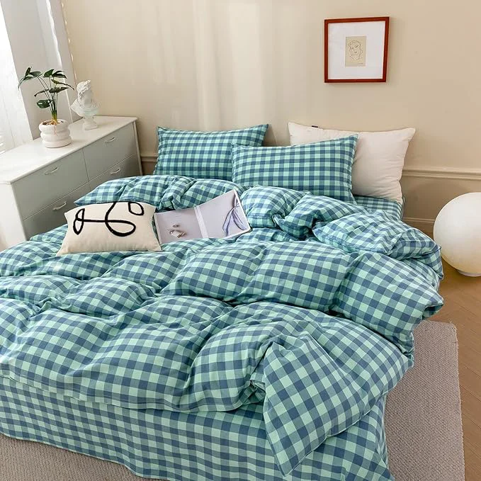 Carefully Designed VM VOUGEMARKET Green Gingham Comforter Set Queen Plaid Comforter with 2 Pillowcases for All Seasons 3 Pcs Modern Simple Grid Bedding Set for Men Women Casual