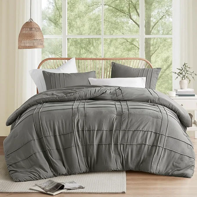 Powerful Comfort Spaces Grey Queen Size Comforter Set – 3 Piece Pintuck Pleated Bedding Set All Season Lightweight Extra Softness Pre-Washed Microfiber Bed Set Shams Genuine