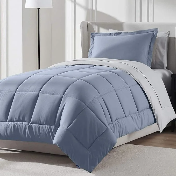Crafted Nestl 5 Piece Twin Comforter Set – Stone Blue Reversible Bed in a Bag – Complete Twin Size Bedding Set with Sheets Pillowcase and Sham Unique