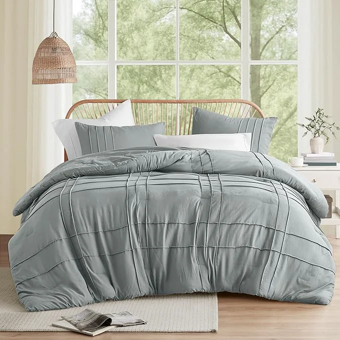 Exclusive Comfort Spaces Blue Grey Twin Size Comforter Set – 2 Piece Pintuck Pleated Bedding Set All Season Lightweight Extra Softness Pre-Washed Microfiber Bed Set Shams Official