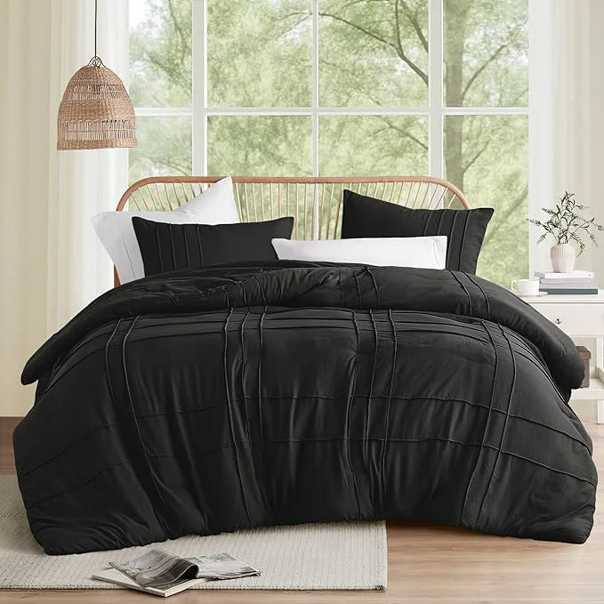 Original Design Comfort Spaces Black Twin Size Comforter Set – 2 Pieces Pintuck Pleated Bedding Sets Twin All Season Lightweight Extra Softness Pre-Washed Microfiber Twin Bed Set Shams Twin Twin XL Healthy