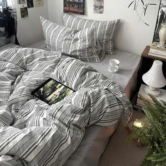 Effective VM VOUGEMARKET Pinstripes Comforter Set Queen Washed Cotton Vertical Striped Neutral Bedding Set 1 Comforter and 2 Pillowcase Grey White Pure