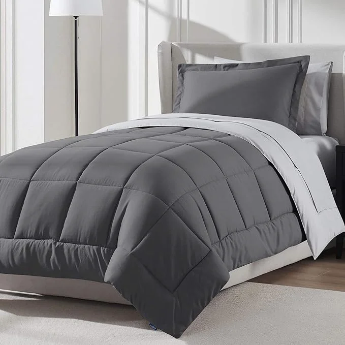 High-Quality Nestl 5 Piece Twin Comforter Set – Dark Grey Reversible Bed in a Bag – Complete Twin Size Bedding Set with Sheets Pillowcase and Sham Unique