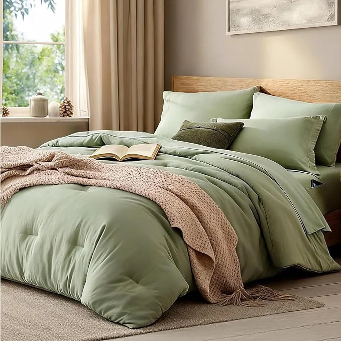 Elegant WRENSONGE Twin Comforter Set- 5 Pieces Sage Green Bed in a Bag All Season Twin XL Bedding Sets with 1 Fitted Sheet 1 Flat Sheet 1 Pillow Sham and 1 Pillowcase Environmentally Friendly