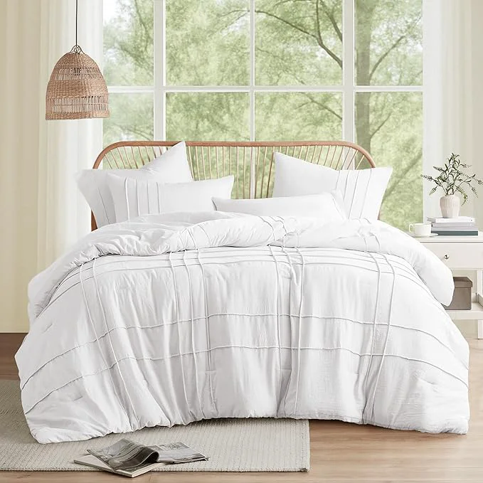 Optimized Comfort Spaces White King Size Comforter Set – 3 Piece Pintuck Pleated Bedding Set All Season Lightweight Extra Softness Pre-Washed Microfiber Bed Set Shams Trendy