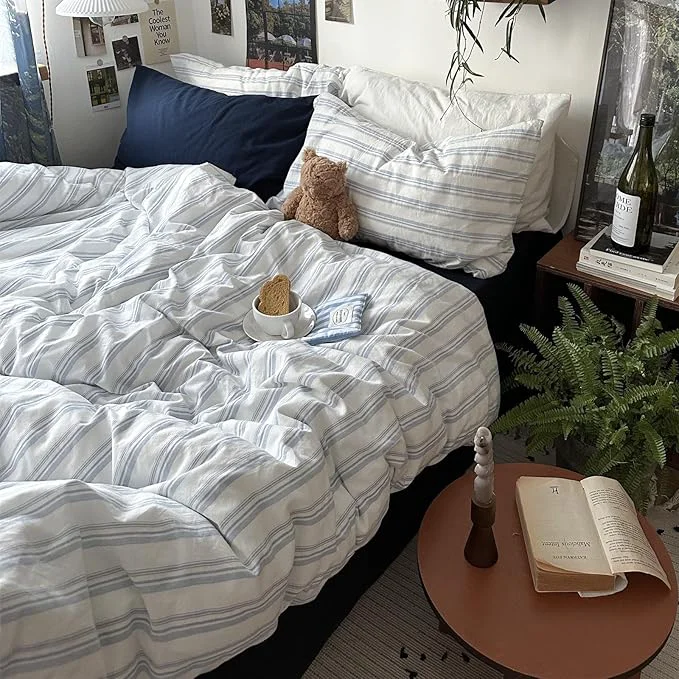 High-Quality VM VOUGEMARKET Striped Comforter Set Twin XL Ticking Vertical Stripes Bedding Set Washed Cotton Minimalist Neutral Comforter for College Dorm-Demin Blue amp White Fine Crafted