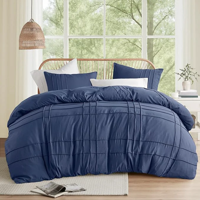 Comfort Spaces Navy Twin Size Comforter Set – 2 Pieces Pintuck Pleated Bedding Sets All Season Lightweight Extra Softness Pre-Washed Microfiber Twin Bed Set Shams Twin Official