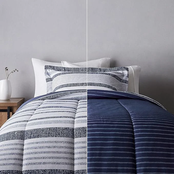Trendy Amazon Basics Twin Twin XL Size Ultra-Soft Lightweight Microfiber Reversible 2-Piece Bedding Comforter Set Blue Denim Beige Stripes Recyclable