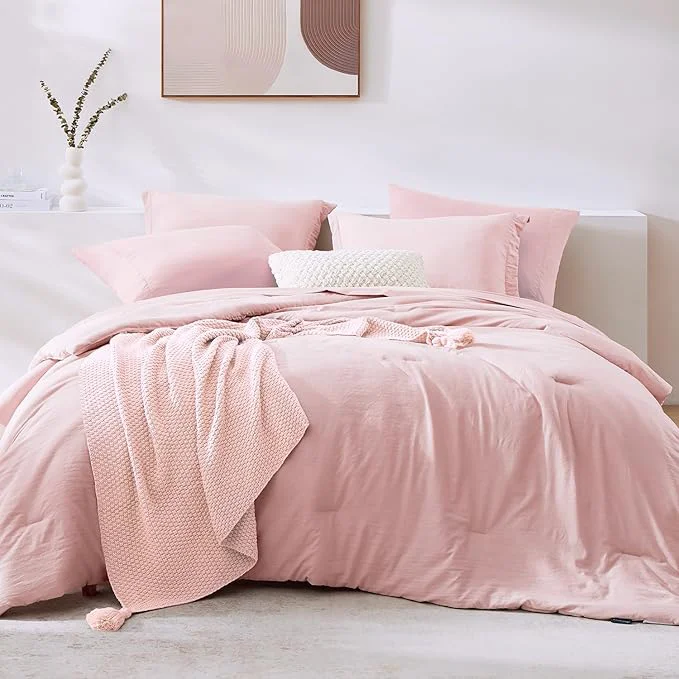 Functional WRENSONGE Full Size Comforter Set- 7 Pieces Soft Pink Bed in a Bag Full Size Comforter with Fitted Sheet Flat Sheet 2 Pillow Shams 2 Pillowcases Warm Bedding Sets for All Season Organic