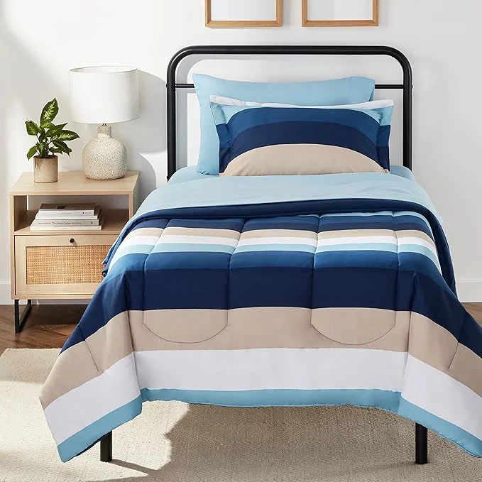 Fast Amazon Basics 5-Piece Lightweight Microfiber Comforter Bedding Set with Sheet Twin XL Blue Stripe Bed-in-a-Bag Quality