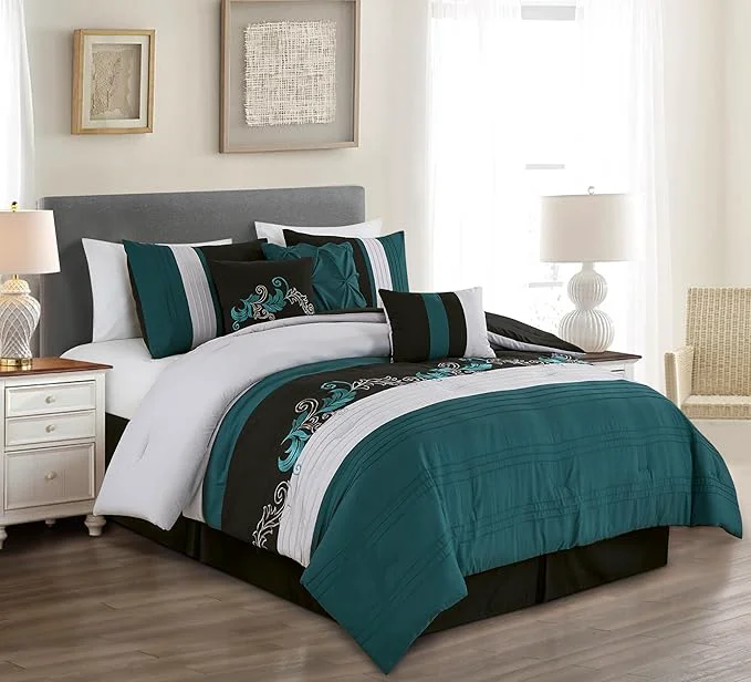 Genuine Chezmoi Collection Napa 7-Piece Luxury Leaves Scroll Embroidery Bedding Comforter Set Full Teal Black Gray Recyclable