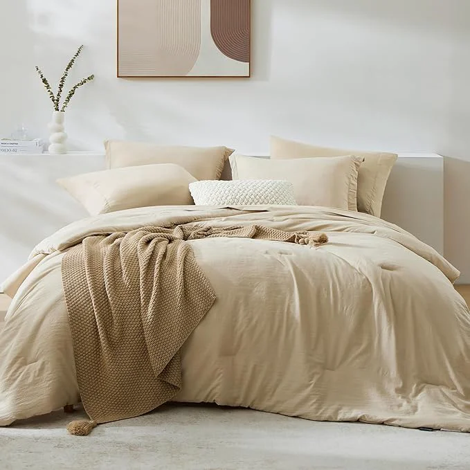 Optimized WRENSONGE California King Size Comforter Set- 7 Pieces Soft Beige Bed in a Bag California King with Fitted Sheet Flat Sheet 2 Pillow Shams 2 Pillowcases Warm Bedding Sets for All Season Sophisticated