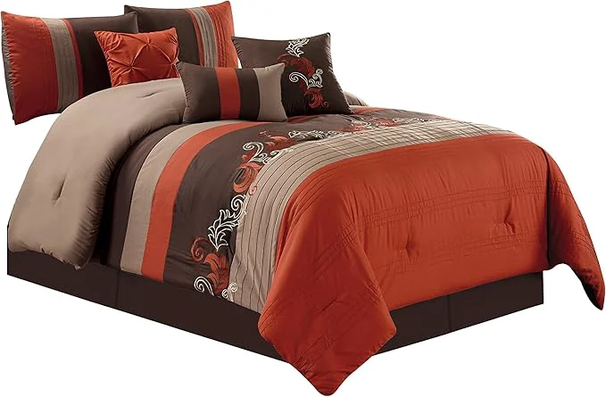 Long-Lasting Chezmoi Collection Napa 7-Piece Luxury Leaves Scroll Embroidery Bedding Comforter Set Oversized King Rust Orange Brown Taupe Next-Generation