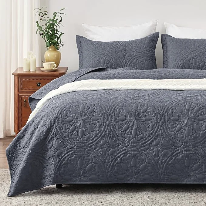 Trusted EXQ Home Quilt Set Full Queen Size Bluish Grey 3 Piece Lightweight Soft Coverlet Mandala Flower Pattern Bedspread Set for All Season 1 Quilt 2 Pillow Shams Unique