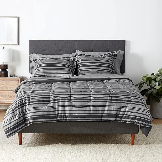 Organic Amazon Basics Full Queen Comforter Set with Sheets 7-Piece Gray Calvin Stripe Bedding Lightweight Microfiber Bed-in-a-Bag Striped Breathable