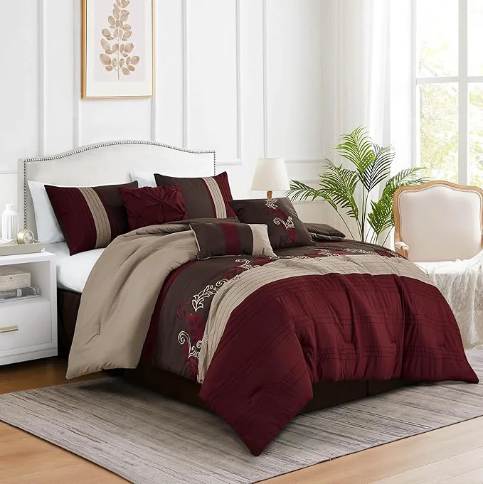 Advanced Chezmoi Collection Napa 7-Piece Luxury Leaves Scroll Embroidery Bedding Comforter Set California King Burgundy Taupe Brown Healthy