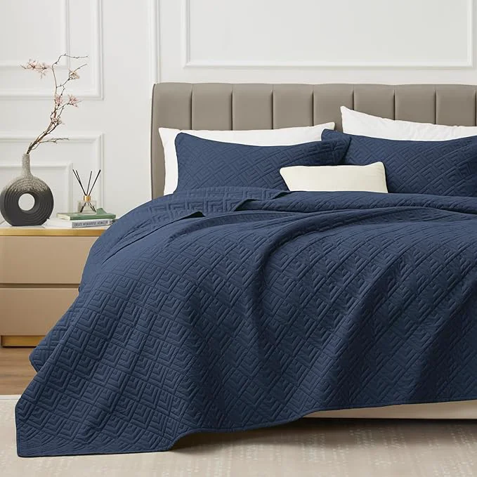 Environmentally Friendly EXQ Home Quilt Set King Size Navy 3 Piece Lightweight Soft Coverlet Modern Style Squares Pattern Bedspread Set 1 Quilt 2 Pillow Shams Organic