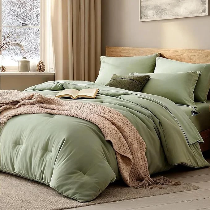 Healthy WRENSONGE Super King Plus Comforter Set – 7 Pieces Sage Green Soft Bed in a Bag Super King Plus with Fitted Sheet Flat Sheet 2 Pillow Shams and 2 Pillowcases- Warm Bedding Sets for All Season High-Performance