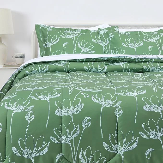 Secure Amazon Basics Lightweight Microfiber Comforter Sets 7 Pieces Full Queen Green Floral Next-Generation