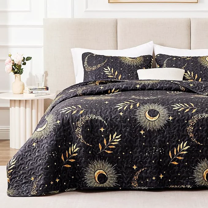 Sustainable EXQ Home Quilt Set Full Queen Size Black Print 3 Piece Lightweight Soft Coverlet Modern Style Moon Pattern Bedspread Set 1 Quilt 2 Pillow Shams Recyclable