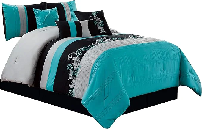 Functional Chezmoi Collection Napa 7-Piece Luxury Leaves Scroll Embroidery Bedding Comforter Set King Teal Blue Gray Black Certified