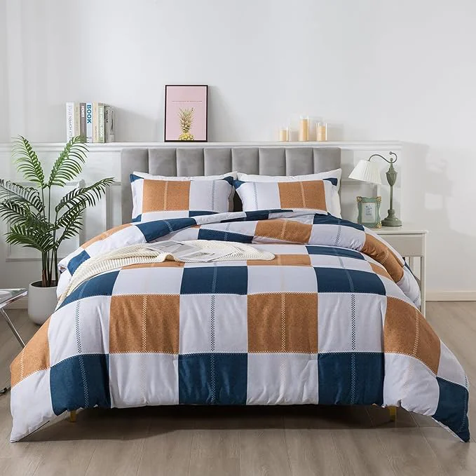 Durable Caressma Plaid Checkered Comforter Set Navy and Gray Fluffy Geometric Grid Buffalo Full Size 3 Pieces Comforter Set with Matching Pillow Shams Comfortable