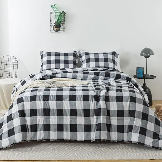Traditional Caressma King Comforter Set Black and White 104×90 Inch 3 Pieces Buffalo Plaid Comforter Bedding Set Stylish Geometric Plaid Fluffy Home Decor for All Seasons High-Performance