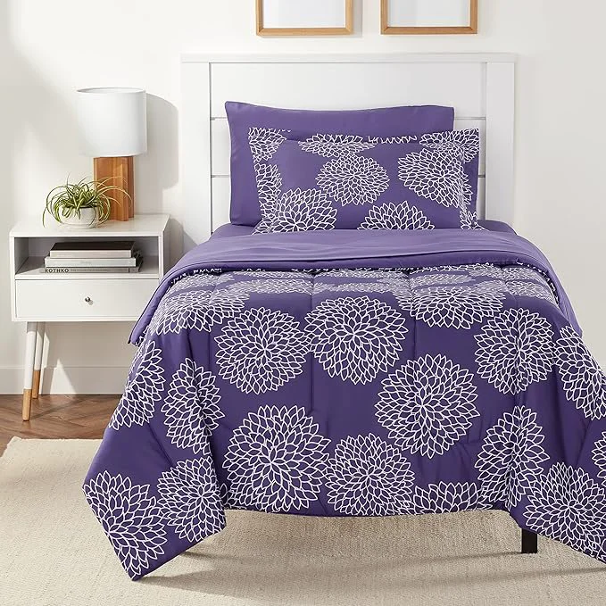 Soft Amazon Basics 5-Piece Lightweight Microfiber Comforter Set with Sheets Bed-in-a-Bag Purple Floral Bedding Twin Twin XL World-Class