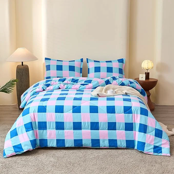 Trendy Caressma Blue Pink Checkered Comforter Set Colorful Twin Size Plaid Comforter Bedding Set Soft Grid Gingham Comforter Home Decor for All Seasons Modern