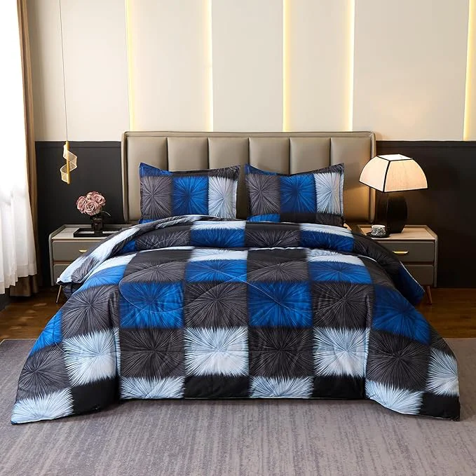 Proven Caressma Black and White Checkered Comforter Set Queen Size 90×90 Inch Navy Blue and White Plaid 3 Pieces Comforter Bedding Set Microfiber Black Grid Home Decor Secure