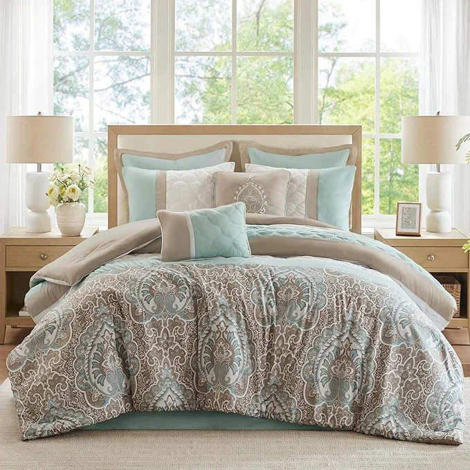 Enhanced 510 DESIGN Luxe Quilted Comforter Set Modern Transitional Design All Season Down Warm Bedding Matching Shams Bedskirt Decorative Pillow Cal King Shawnee Scrollwork Seafoam First-Class