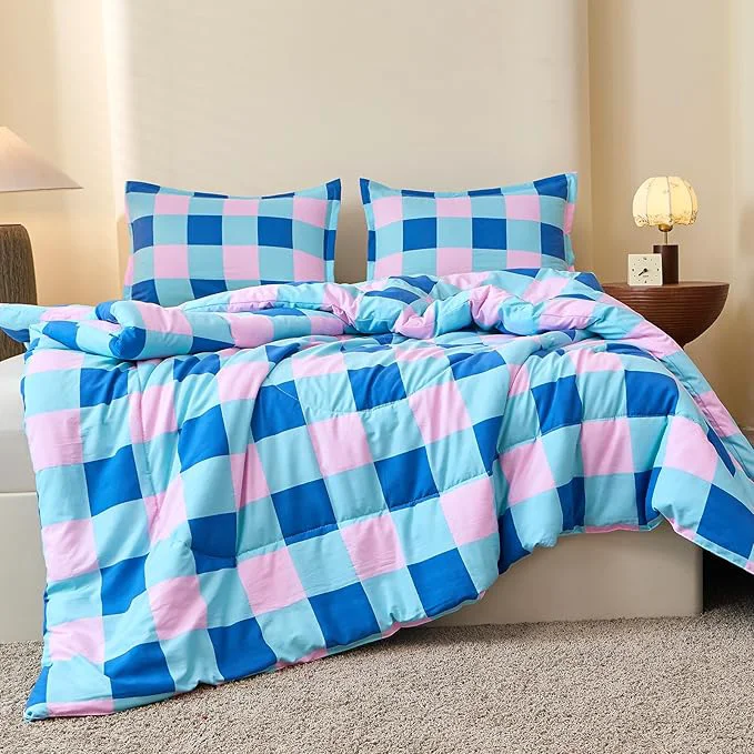 Specialty Caressma Comforter Set Blue and Pink Checkered King Size 3 Pieces Buffalo Grid Comforter Bedding Set Geometric Checkered Bedding with Pillowshams Comfortable