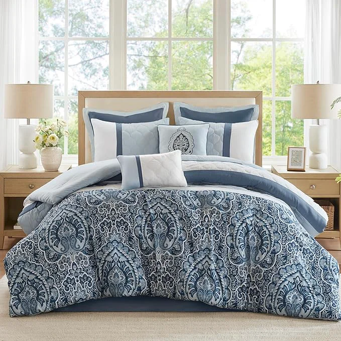 Crafted 510 DESIGN Luxe Quilted Comforter Set Modern Transitional Design All Season Down Warm Bedding Matching Shams Bedskirt Decorative Pillow Queen Shawnee Scrollwork Blue Eco-Friendly