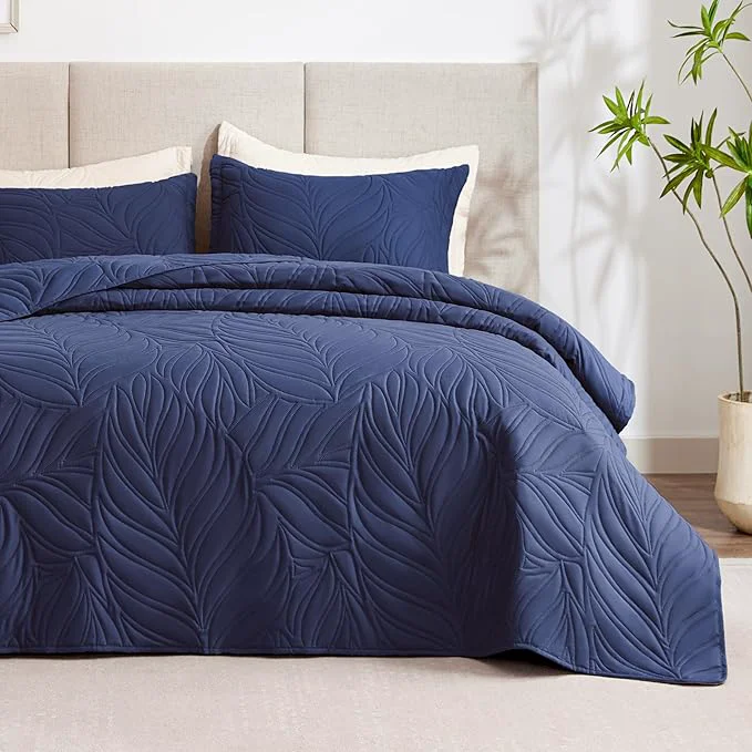 Convenient EXQ Home Quilt Set King Size Navy 3 Piece Lightweight Soft Coverlet Modern Style Leaf Pattern Bedspread Set 1 Quilt 2 Pillow Shams Easy-to-Use