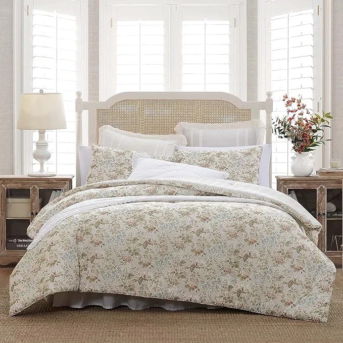Pure Laura Ashley – Queen Comforter Set Reversible Cotton Bedding with Matching Shams Floral Home Decor with Plaid Reverse Bramble Floral Beige Queen Clean