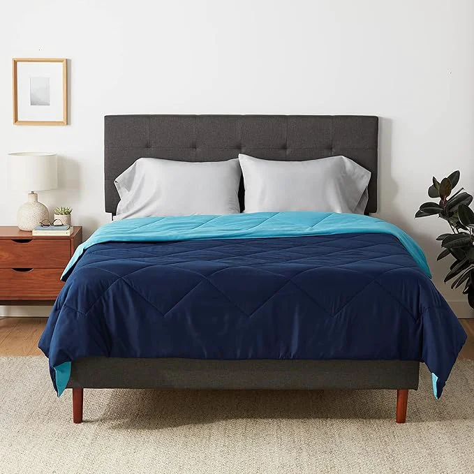 Convenient Amazon Basics Soft Reversible Lightweight Microfiber Comforter Washable Warm All Season Blanket Full Queen Navy Sky Blue Premium Material